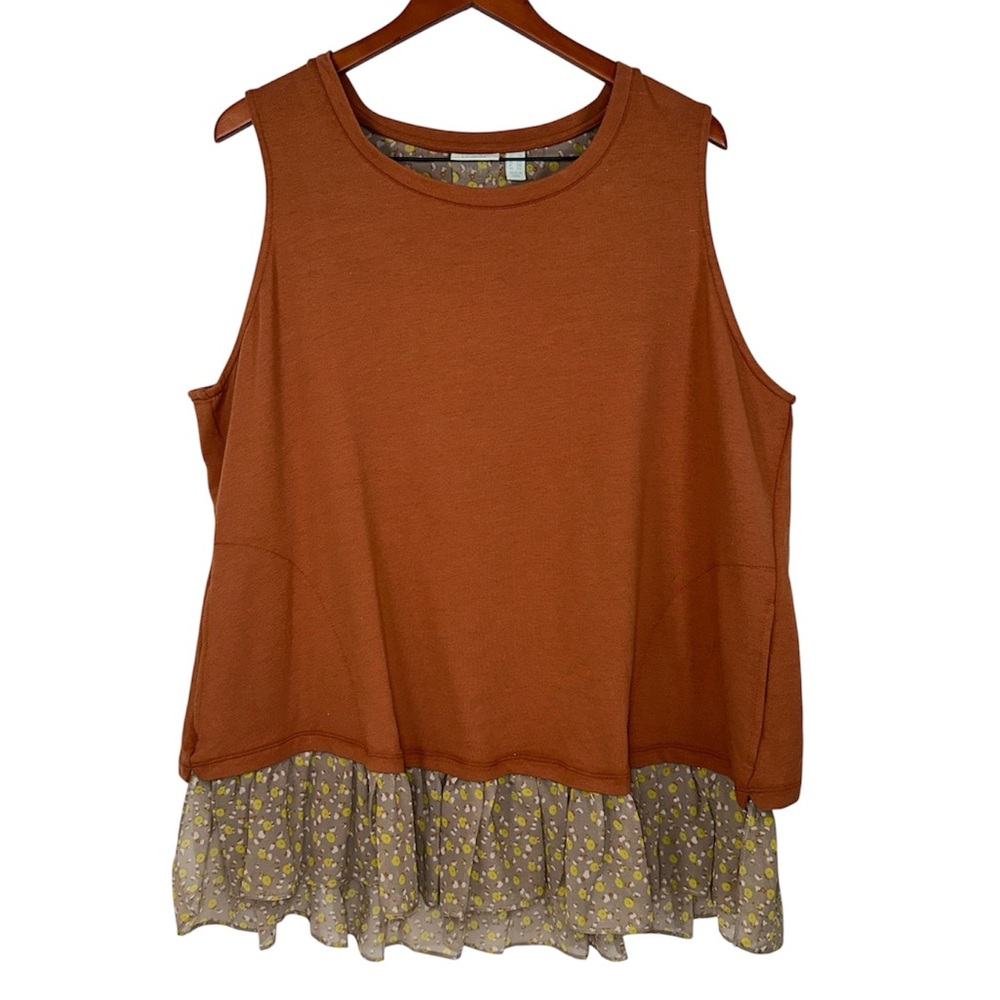LOGO Lounge Casual Tank Top Rust Ruffle Hem Floral Trim Split Back Plus Size 2X